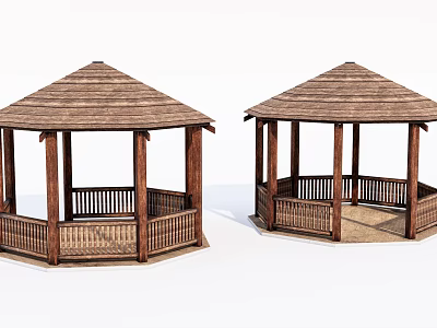 Two Wooden Gazebos With Pyramid Roof Railing And Columns Design 3d model