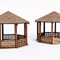 Two Wooden Gazebos With Pyramid Roof Railing And Columns Design
