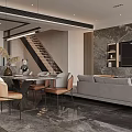 Modern Living and Dining Room Interior With Sofa Coffee Table Dining Chairs and Pendant Lights
