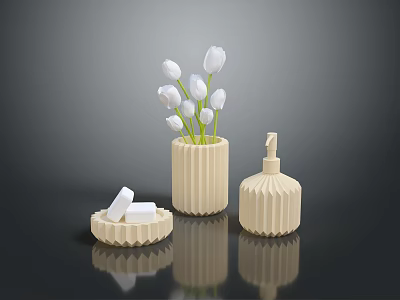 Minimalist Daily Living Essentials With White Tulips Vase Soap Dish And Pump Bottle 3d model