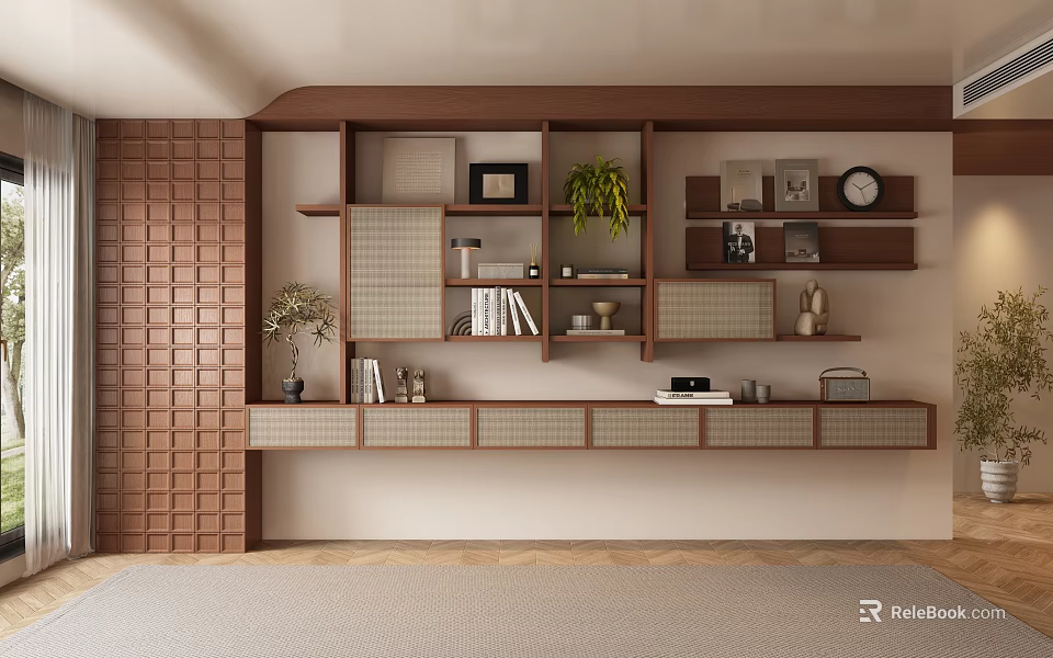 Elegant Modern Sofa Background Wall With Brown Wooden Bookshelf Green Plants Clock And Woven Elements 3d model 