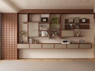 Elegant Modern Sofa Background Wall With Brown Wooden Bookshelf Green Plants Clock And Woven Elements 3d model