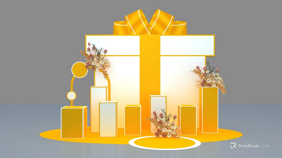 Golden Gift Box Display With Large Ribbon Columns And Flower Decorations 3d model 