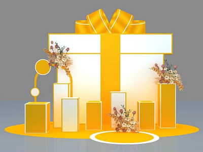 Golden Gift Box Display With Large Ribbon Columns And Flower Decorations 3d model