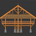 Traditional Wooden Stilt House With Thatched Roof And Elevated Base
