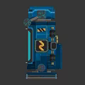 Blue Mechanical Device With Digital Tech Display And Industrial Structural Frame