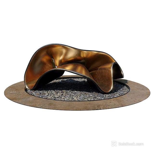 Copper Metal Garden Ornament With Curved Wavy Design On Round Gravel Base 3d model 