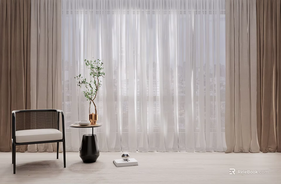 White Sheer Curtains And Beige Drapes In Modern Living Interior With Plant And Side Table 3d model 