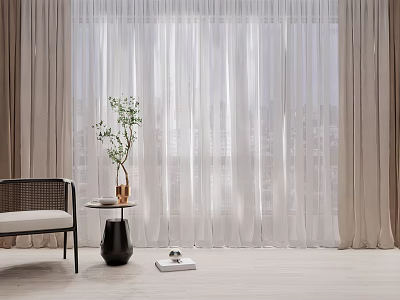 White Sheer Curtains And Beige Drapes In Modern Living Interior With Plant And Side Table 3d model