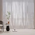 White Sheer Curtains And Beige Drapes In Modern Living Interior With Plant And Side Table