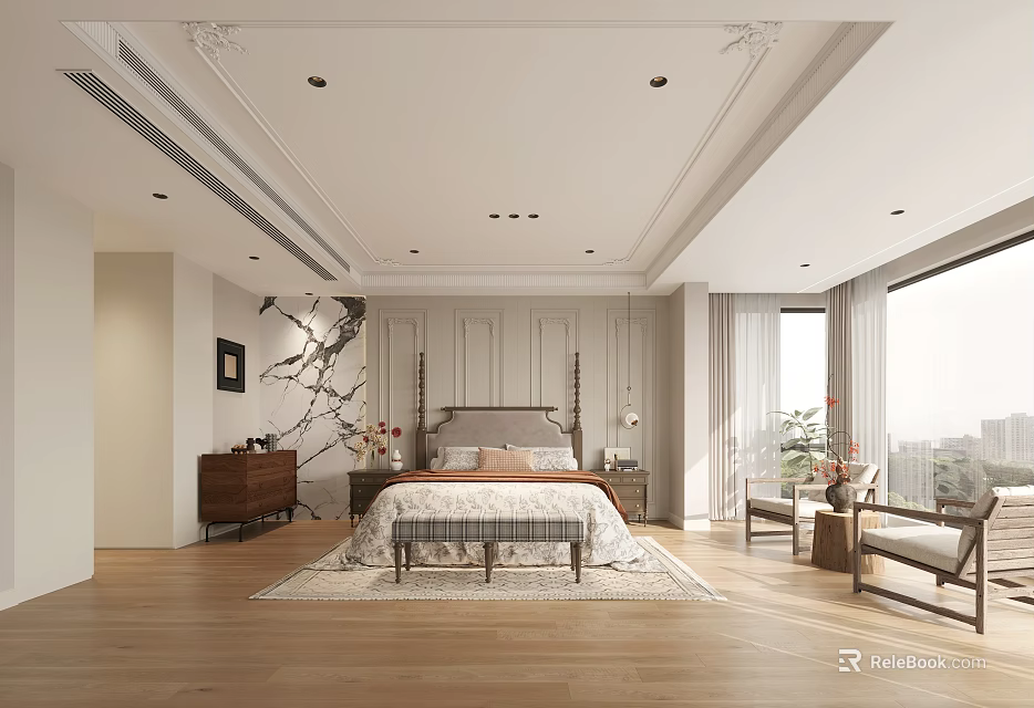 Elegant Modern Bedroom Interior With Wooden Floor Bedside Table And Area Rug 3d model 