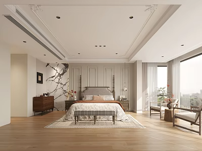 Elegant Modern Bedroom Interior With Wooden Floor Bedside Table And Area Rug 3d model