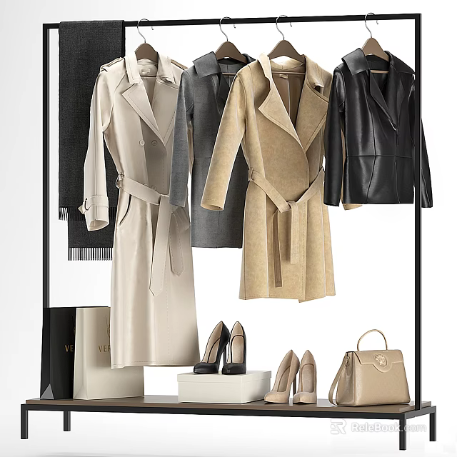 Clothing Hanger With Coats Shoes And Handbags 3d model 