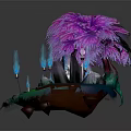 Cartoon Scene With Pink Purple Feathery Tree Green Grass And Blue Decorations On Red Supports