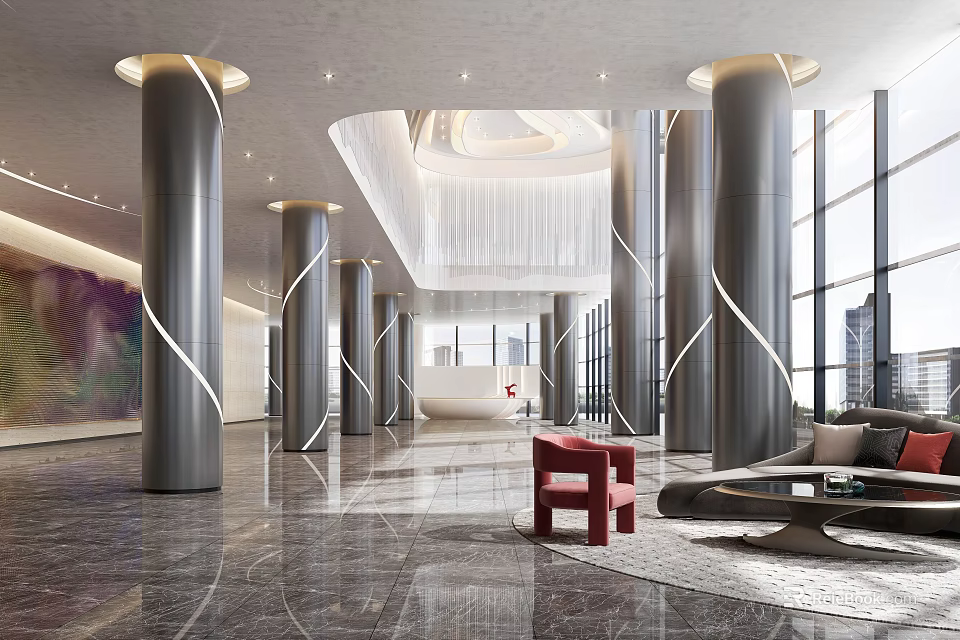 Modern Front Desk Reception Lobby With Marble Floor Gray Pillars Red Chair And Large Windows 3d model 