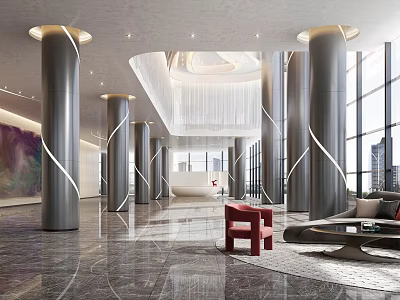 Modern Front Desk Reception Lobby With Marble Floor Gray Pillars Red Chair And Large Windows 3d model