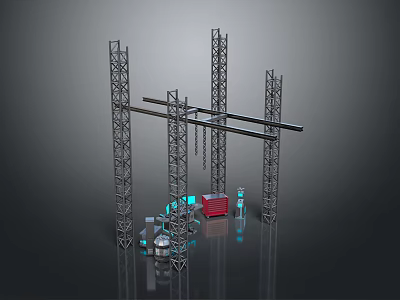 Industrial Metal Tower Equipment With Cross Beams Red Box And Blue Lights 3d model