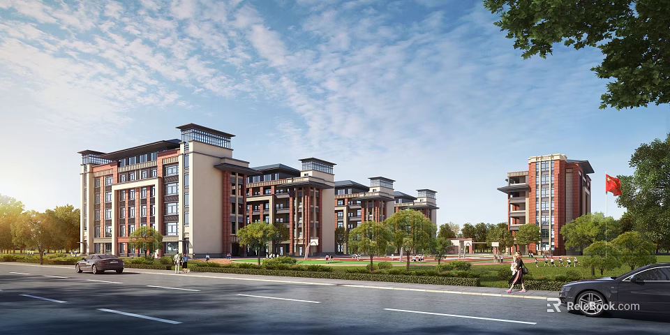 Modern Multi Story School Buildings On Campus With Green Trees Lawns And Blue Sky 3d model 
