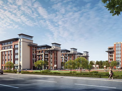 Modern Multi Story School Buildings On Campus With Green Trees Lawns And Blue Sky 3d model