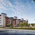 Modern Multi Story School Buildings On Campus With Green Trees Lawns And Blue Sky