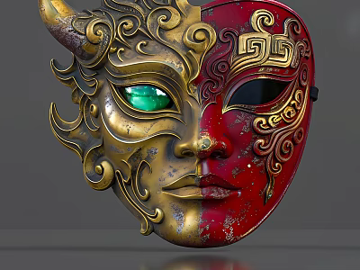 Game and Movie Character Gold Red Ornate Mask with Horns Green Eye Intricate Patterns 3d model