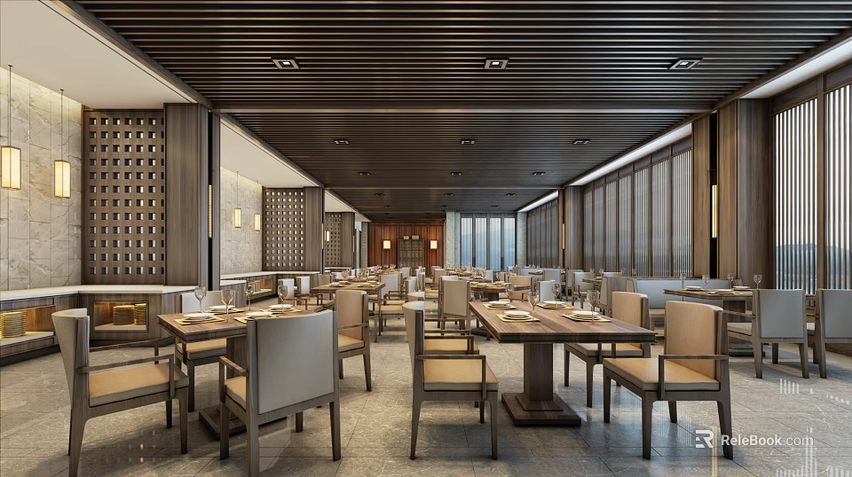 Modern Restaurant Interior With Wooden Slat Ceiling Tables Chairs And Lattice Wall 3d model 