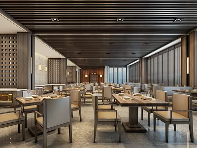 Modern Restaurant Interior With Wooden Slat Ceiling Tables Chairs And Lattice Wall 3d model