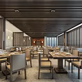 Modern Restaurant Interior With Wooden Slat Ceiling Tables Chairs And Lattice Wall