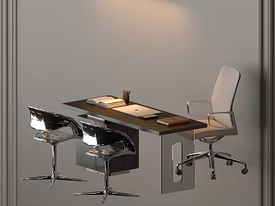 Modern Office Desk With Sleek Design Notebook Stationery And Ergonomic Chair Under Soft Lighting 3d model