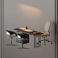 Modern Office Desk With Sleek Design Notebook Stationery And Ergonomic Chair Under Soft Lighting