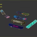 Assorted Skateboards As Sports Equipment With Colorful Graphics And Unique Designs
