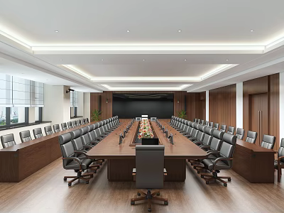 Spacious Conference Room With Long Wooden Table Multiple Chairs Ceiling Lighting And Projection Screen 3d model
