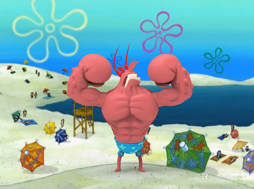 Muscular Mr Krabs With Big Claws Blue Shorts On Beach With Umbrellas Lifeguard Tower 3d model 