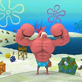 Muscular Mr Krabs With Big Claws Blue Shorts On Beach With Umbrellas Lifeguard Tower