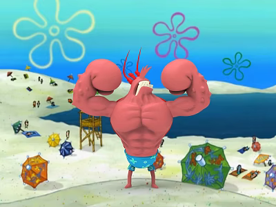 Muscular Mr Krabs With Big Claws Blue Shorts On Beach With Umbrellas Lifeguard Tower 3d model