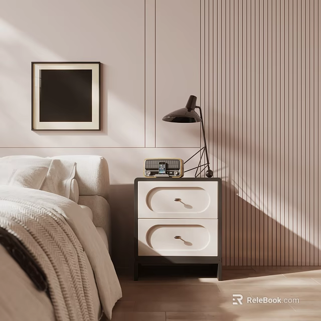 Modern Two Drawer Bedside Table With Table Lamp Radio And Striped Wall In Bedroom 3d model 