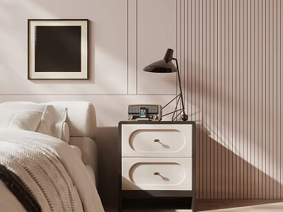 Modern Two Drawer Bedside Table With Table Lamp Radio And Striped Wall In Bedroom 3d model