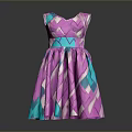 Pink And Teal Geometric Pattern V Neck Dress With Waistband And A Line Skirt