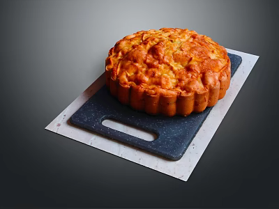 Golden Crusted Round Homemade Pie On Black Cutting Board With Baked Texture 3d model