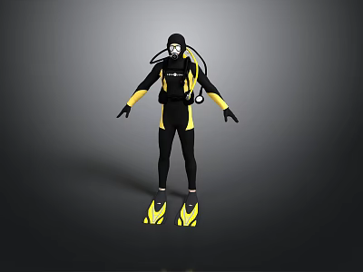 Scuba Diver Wearing Black Yellow Wetsuit With Diving Equipment And Fins 3d model