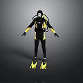 Scuba Diver Wearing Black Yellow Wetsuit With Diving Equipment And Fins
