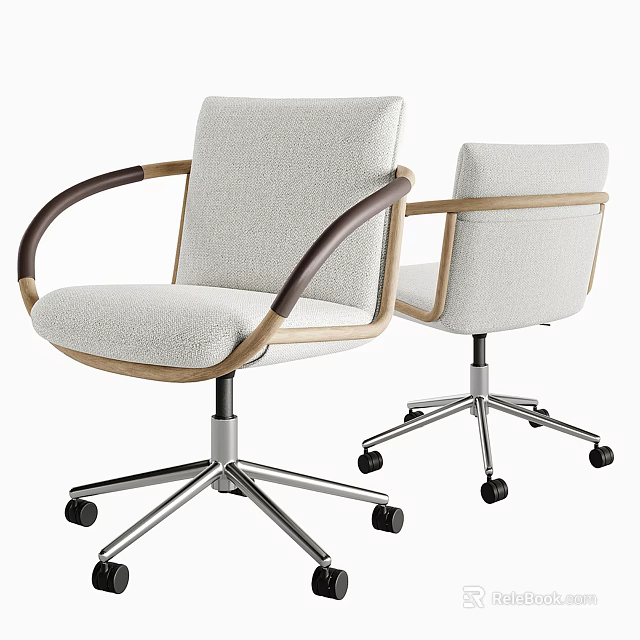 Modern Office Chair with Light Gray Fabric Wooden Armrests and Metal Casters 3d model 