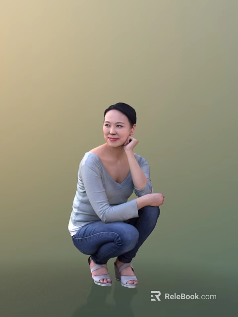 Smiling Woman Squatting In Gray Top And Blue Jeans Against Green Background 3d model 