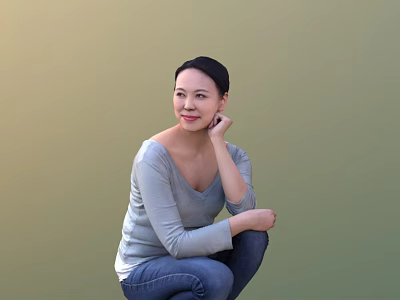 Smiling Woman Squatting In Gray Top And Blue Jeans Against Green Background 3d model
