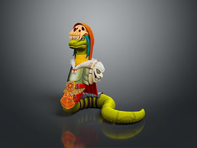 Skeleton Head Character With Green Snake Like Creature Body Decorated Cape And Patterned Clothing Design 3d model