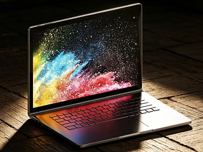 Modern Laptop With Colorful Abstract Screen Display On Wooden Table And Natural Sunlight 3d model