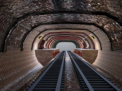 Train Tunnel Interior With Railway Track Metal Structure Brick Walls And Lights 3d model