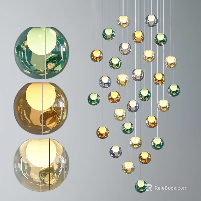 Colorful Spherical Glass Chandeliers With Hanging Green Gold And Clear Orbs 3d model 