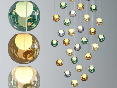 Colorful Spherical Glass Chandeliers With Hanging Green Gold And Clear Orbs 3d model