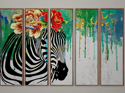 Botanical Wall Art Panels With Zebra Colorful Flowers Moon Stars And Paint Drips 3d model